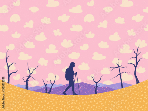 Woman hiking with trekking poles. Autumn mountain range under clouds