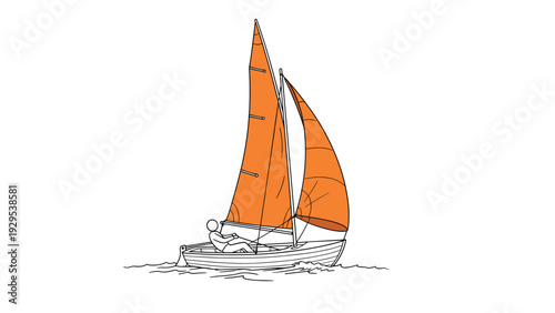 small sailboat with orange sails and a person hand drawn line art simple illustration