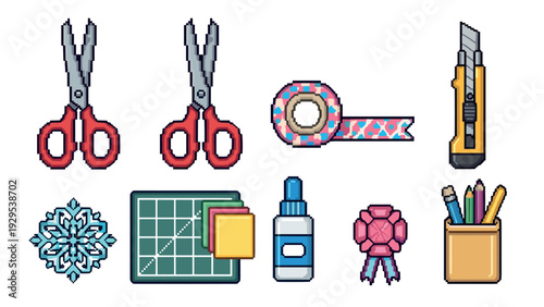 pixel art hand drawn craft tools and accessories icon set for creative design illustration