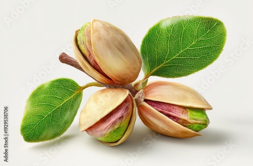 A close-up of pistachios with open shells, green leaves, and brown stem on a white background