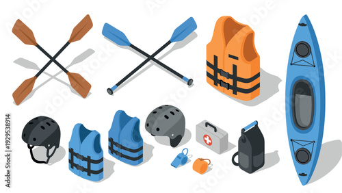kayak equipment set with paddles life jackets helmets first aid kit and whistle in isometric style