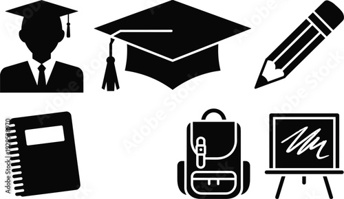Black Icons of Graduation Cap, Pencil, Notebook, Backpack, and Chalkboard education school