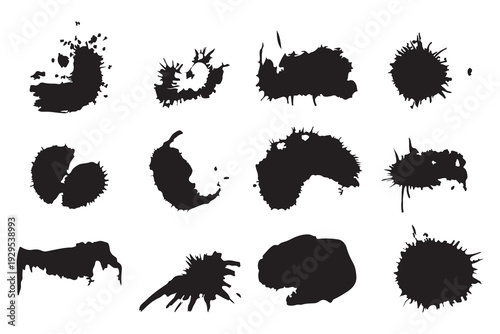 Abstract Black and Gray Watercolor Splashes and Ink Blots Set. Artistic Paint Textures.