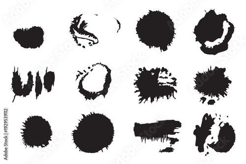 Set of Black and Gray Abstract Watercolor Ink Splashes and Textured Paint Blots.