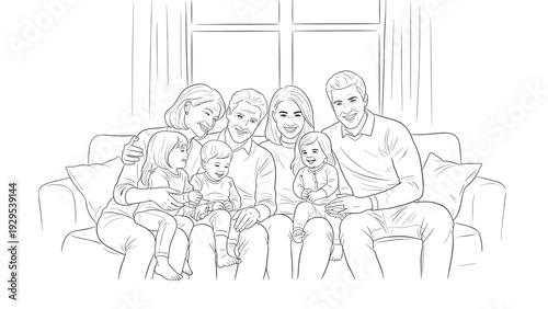 happy multi generation family sitting together on couch hand drawn line art illustration