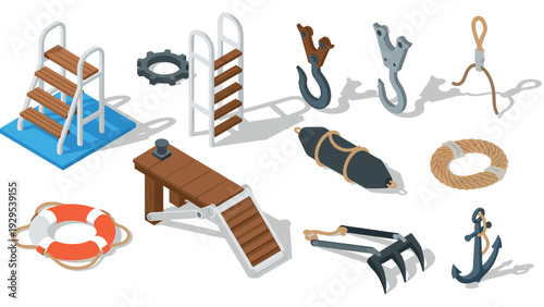 isometric set of boat and dock equipment with hooks ropes anchor and ladders hand drawn collection