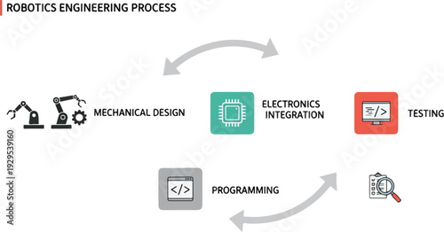 A robotics engineering workflow diagram illustrating the process with mechanical design, electronics integration, testing, and programming stages.