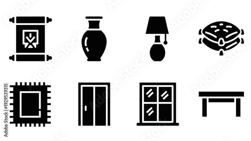set of eight black silhouette home decor and furniture icons including scroll vase lamp cushion rug door window and table hand drawn style