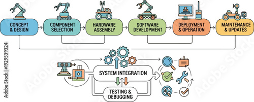 A robotics engineering workflow diagram illustrating the process of system integration, testing and debugging, with colorful icons and graphics on a white background, conveying a technical