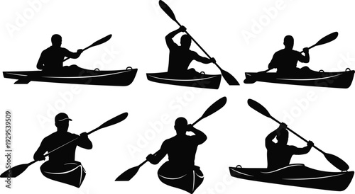 Kayaking and rowing silhouette set for outdoor adventure water sports, active person in kayak boat, cad drawing flat vector illustration