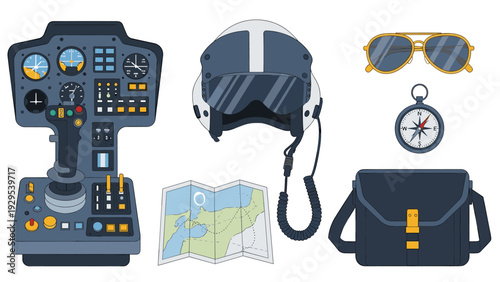 pilot cockpit controls helmet sunglasses compass map and bag set in flat style