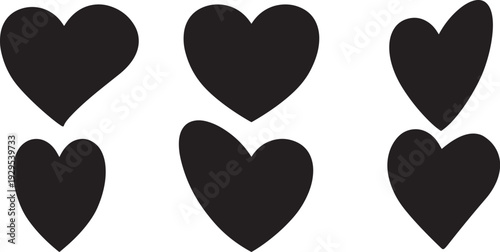 Black Heart Illustration Set | Five Dark Heart Icons | Minimalist Clipart, Gothic Love Symbols, Emotional Graphic for Design, Creative Projects, Digital Art, Transparent Background Decorative Element