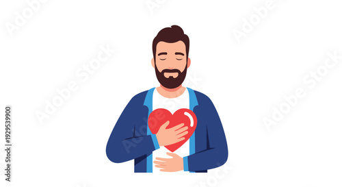 Bearded man with closed eyes tenderly holding a large red heart to his chest, expressing love, gratitude, and self-care.