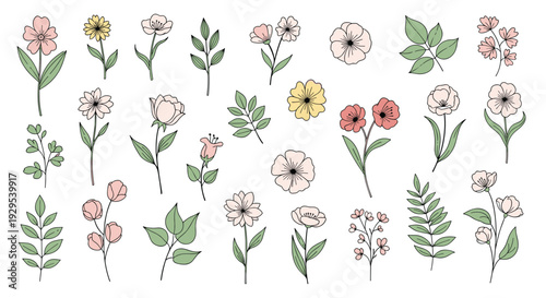 Beautiful set of hand-drawn doodle-style flowers and leaves with delicate stitched details, perfect for botanical illustrations.