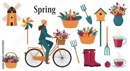Collection of charming spring season vector elements including a woman on a bicycle, gardening tools, a windmill, and fruit baskets.