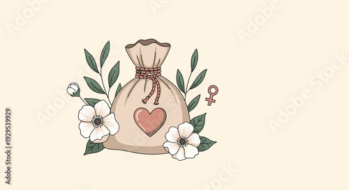 Elegant illustration of a tied cloth pouch with a heart, beautifully decorated with white flowers, leaves, and a Venus symbol.
