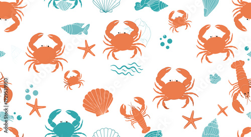 Seamless nautical pattern featuring a playful arrangement of crabs, lobsters, and starfish in a textured, two-color design.