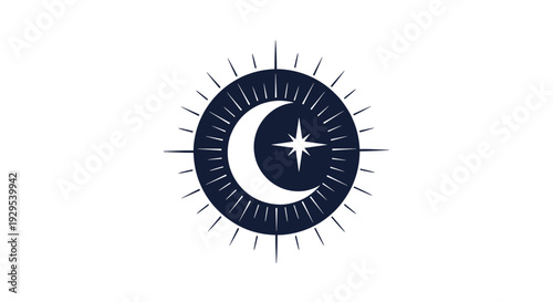 Mystical and celestial icon featuring a crescent moon and a single star surrounded by radiating sunbeams in a textured style.