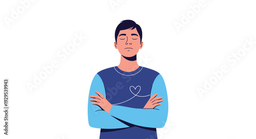 Calm man with his eyes closed and arms crossed, wearing a blue sweater with a simple line-art heart, symbolizing self-love.