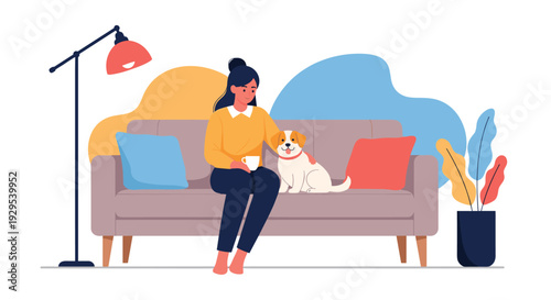 Cozy living room scene showing a young woman relaxing on the sofa with her cute dog while enjoying a warm cup of coffee.