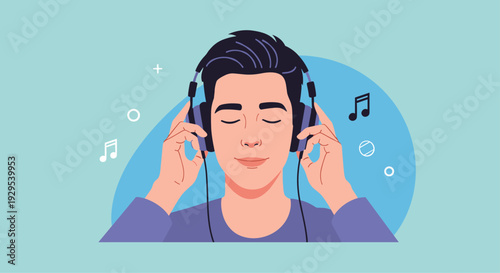 Young man with his eyes closed, peacefully enjoying his favorite songs while listening to music on large over-ear headphones.