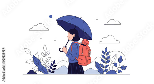 Young female traveler with a backpack walking through nature under a large blue umbrella in a clean, minimalist line art style.