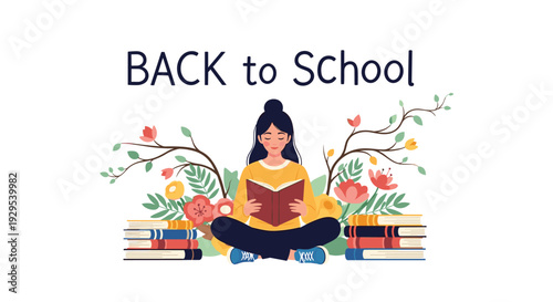 Back to school themed illustration showing a young woman reading a book while sitting between stacks of books and floral elements.
