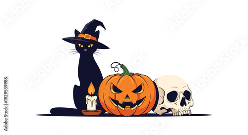 Spooky Halloween still life featuring a black cat in a witch hat, a glowing jack-o'-lantern, a skull, and a lit candle.