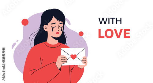 Heartbroken young woman crying with tears streaming down her face as she holds a love letter sealed with a heart sticker.