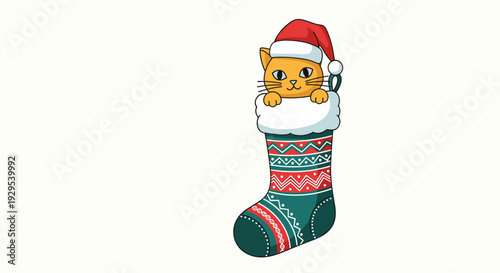 Adorable cartoon ginger cat wearing a Santa hat and peeking out of a festive, patterned Christmas stocking for the holidays.