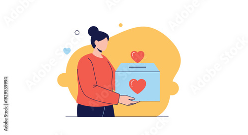 Faceless character of a woman holding a large donation box with red hearts, representing charity, volunteering, and kindness.