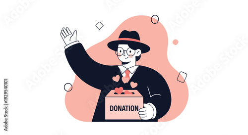 Friendly man in a suit and fedora waving while holding a donation box, encouraging charity and community support.