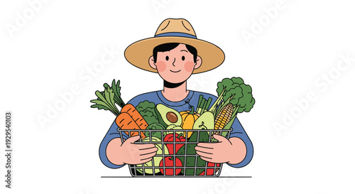Smiling young male farmer wearing a straw hat and proudly holding a large metal basket overflowing with fresh, healthy vegetables.
