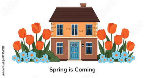 Flat design illustration of a charming house surrounded by a beautiful spring garden of tulips, with 'Spring is Coming' text.