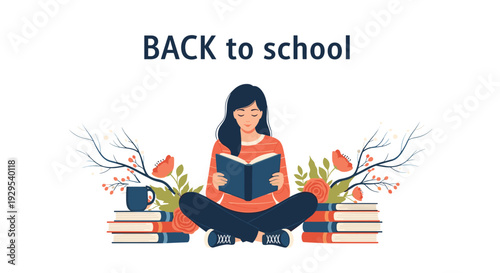 'Back to school' themed illustration of a peaceful young woman sitting cross-legged while reading a book among flowers and books.