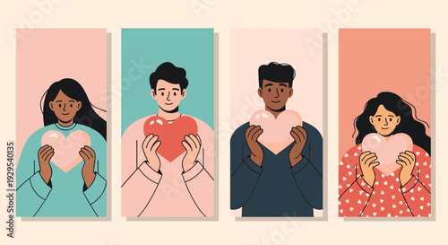 Set of four vertical portraits of diverse young people holding pink hearts, expressing love, kindness, and self-acceptance.