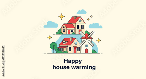 Cheerful 'Happy house warming' greeting card illustration with a charming village scene of houses and a windmill on a hill.