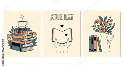 Set of three beautifully illustrated cards celebrating Book Day, featuring stacks of books, a coffee cup, and flowers in a pitcher.