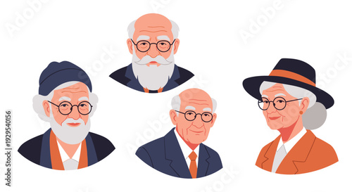 Collection of four beautifully illustrated portraits of stylish and dignified elderly people wearing glasses and classic attire.