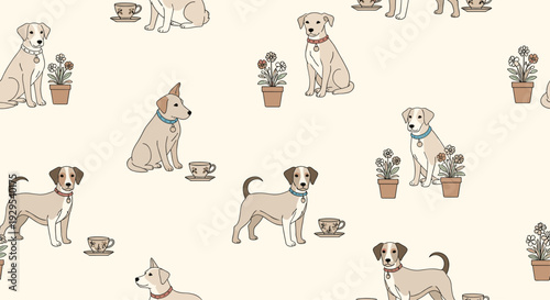Seamless pattern featuring charming hand-drawn illustrations of cute dogs like beagles and Jack Russells with teacups and flowers.