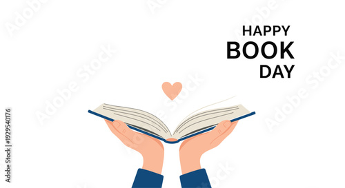 Simple and heartfelt 'Happy Book Day' design featuring two hands gently holding an open book with a small heart floating above.
