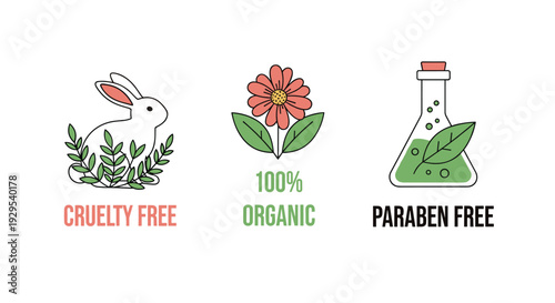 Set of three line-art icons for natural cosmetic products: cruelty-free, 100% organic, and paraben-free labels.