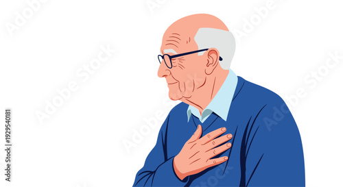 Profile portrait of a gentle elderly man with his hand on his chest, expressing a heartfelt feeling of gratitude or relief.