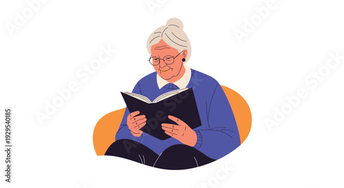 Content elderly woman with grey hair and glasses, sitting comfortably while enjoying reading a book in her leisure time.