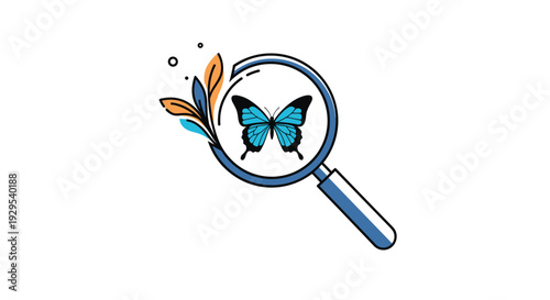 Creative logo concept featuring a magnifying glass focused on a beautiful blue butterfly, with colorful abstract leaf flourishes.