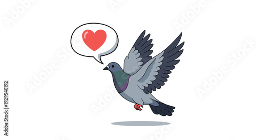 Cute cartoon illustration of a flying pigeon or dove with a speech bubble containing a red heart, symbolizing love or peace.