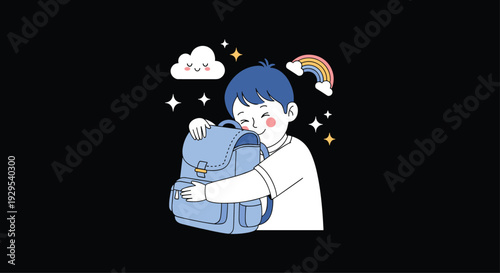 Happy young boy lovingly hugging his new blue backpack, excited for school, surrounded by stars, a cloud, and a cute rainbow.