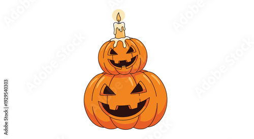 Two spooky, carved Halloween jack-o'-lanterns stacked on top of each other with a single lit candle melting wax on the top one.