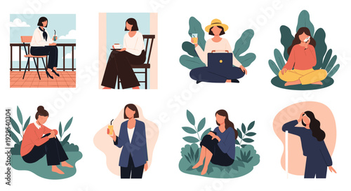 Collection of illustrations showing a stylish woman in various daily activities and relaxed poses, enjoying her personal time.