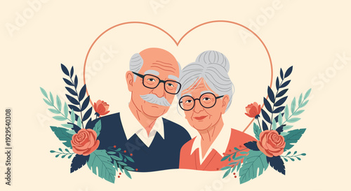 Loving elderly couple smiling together inside a heart-shaped frame, surrounded by beautiful flowers, celebrating a long relationship.